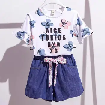 Комплект одежды с цветочным узором для девочек, модная хлопковая футболка с надписью + короткие джинсы, костюм из 2 предметов для девочек, подарок на день рождения, детская одежда