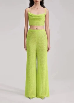 2023 новый женский зеленый комплект, сексуальные модные топы на бретелях + повседневные свободные брюки