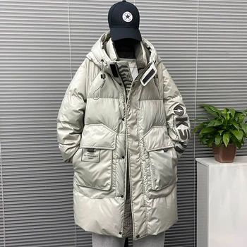 Высококачественная мужская пуховая куртка средней длины, новое зимнее свободное пальто с капюшоном на белом утином пуху, одежда для защиты от холода
