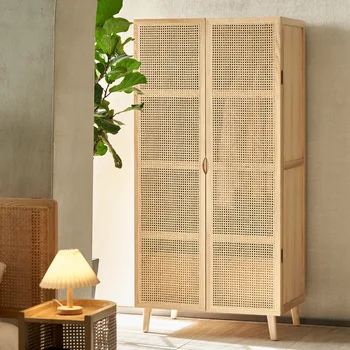 Продукт может быть настроен по индивидуальному заказу.Современный простой шкаф из массива дерева, сплетенный из ротанга, большая спальня в японском стиле