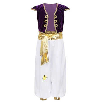 Детский костюм Арабского принца для мальчиков, наряд на Хэллоуин, Карнавал, вечеринка, Кепка для мальчиков, рукава, Жилет, Комплект со штанами