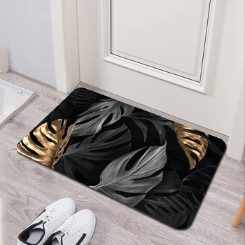 Коврик для ванной комнаты с рисунком листьев на черном фоне, современный стиль, мягкий коврик для спальни, прачечной, нескользящий коврик для входной двери.